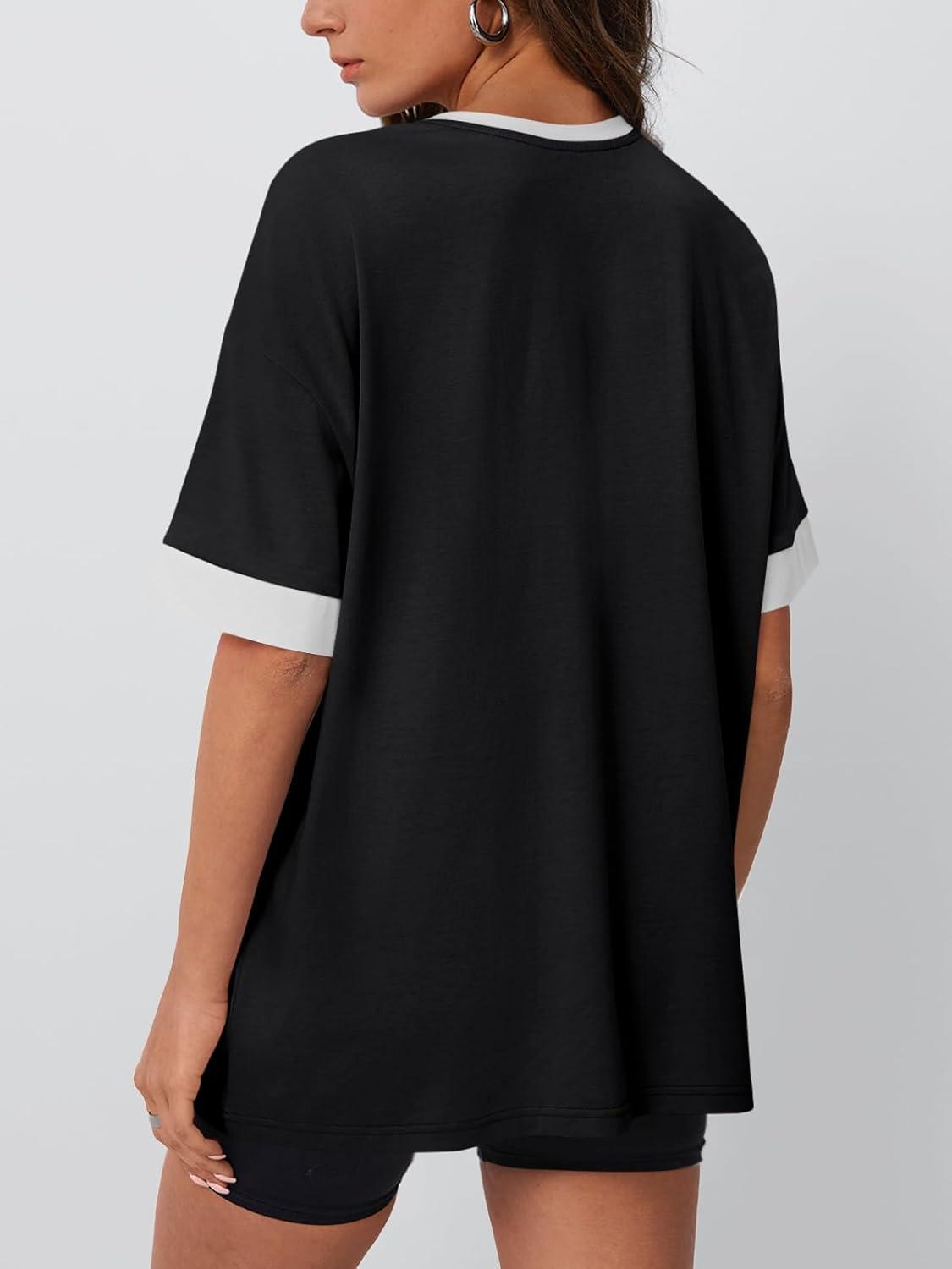 imageTrendy Queen Oversized Tshirts for Women Plus Size Summer Tops 2025 Workout Short Sleeve Shirts Color Block TeesBlack