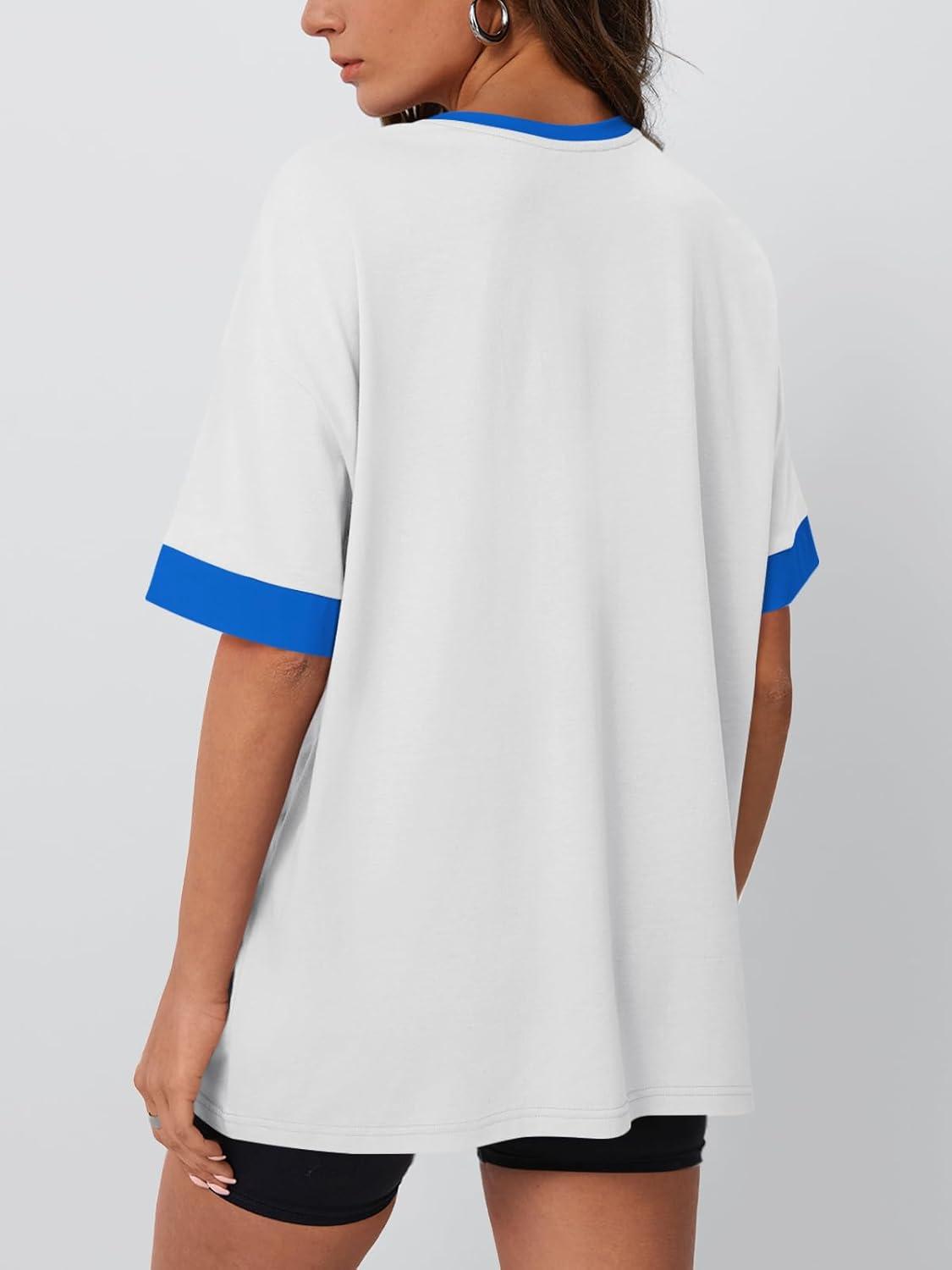 imageTrendy Queen Oversized Tshirts for Women Plus Size Summer Tops 2025 Workout Short Sleeve Shirts Color Block TeesWhite
