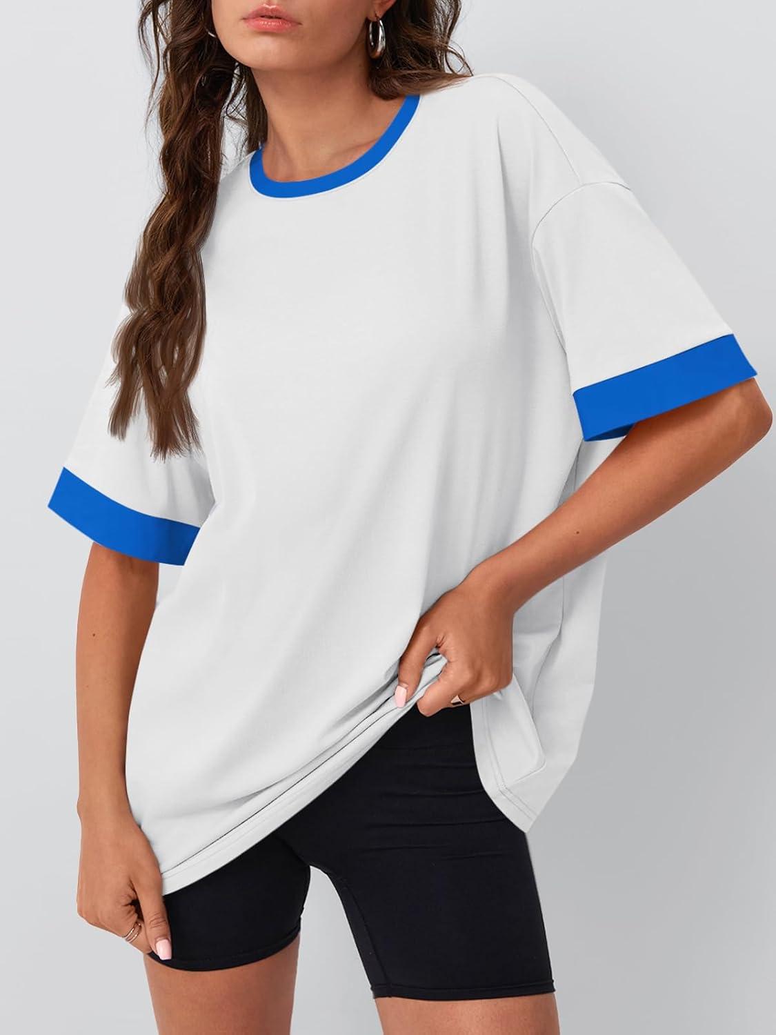 imageTrendy Queen Oversized Tshirts for Women Plus Size Summer Tops 2025 Workout Short Sleeve Shirts Color Block TeesWhite