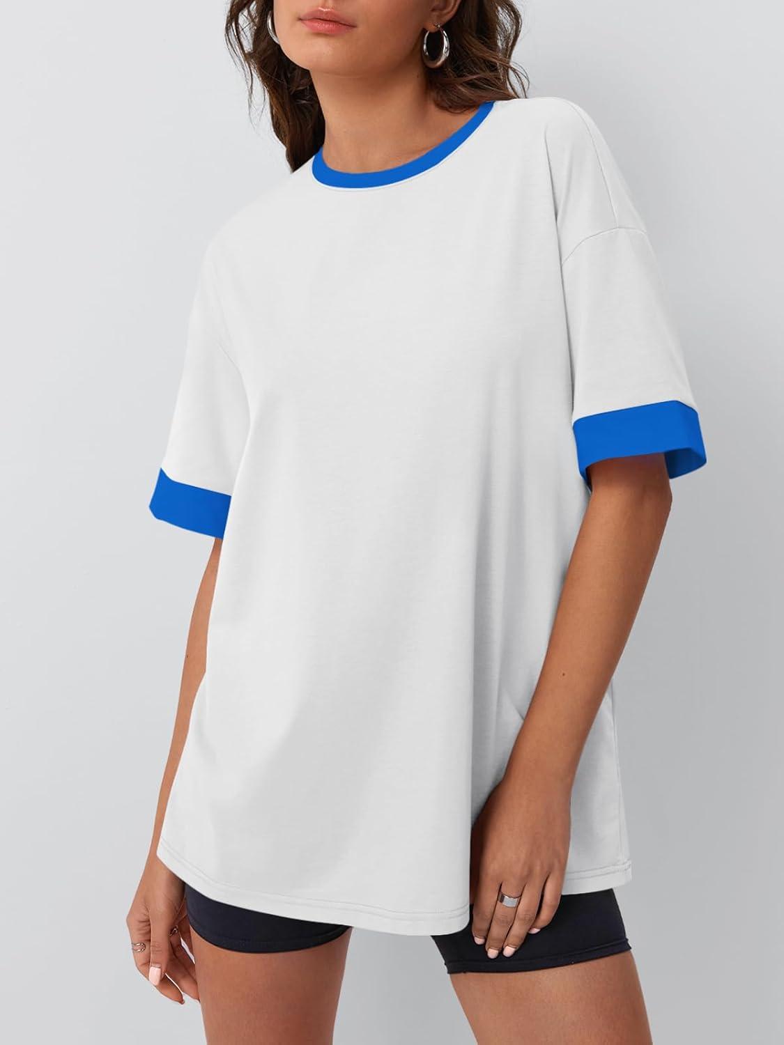 imageTrendy Queen Oversized Tshirts for Women Plus Size Summer Tops 2025 Workout Short Sleeve Shirts Color Block TeesWhite