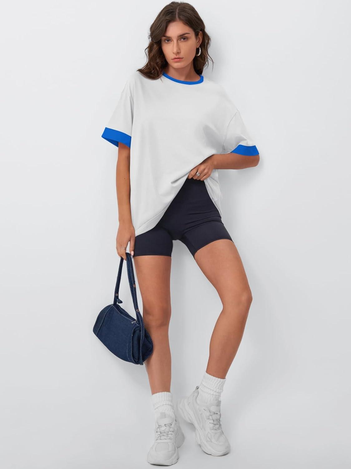 imageTrendy Queen Oversized Tshirts for Women Plus Size Summer Tops 2025 Workout Short Sleeve Shirts Color Block TeesWhite