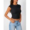 imageTrendy Queen Womens Cap Sleeve Shirts Ribbed Knit Summer Top 2025 Basic Cute Y2k Tee Crop ClothesBlack