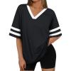 imageTrendy Queen Oversized TShirts for Women Short Sleeve V Neck Workout Summer Tops Casual Loost Fit Y2K Color Block TeesBlack