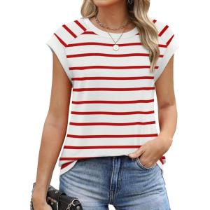 imageSAMPEEL Womens Tops Summer Dressy Casual Raglan Cap Sleeve T Shirts Basic Tee Shirts Trendy 2025Bright Red Stripe