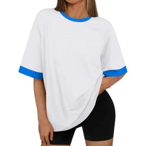imageTrendy Queen Oversized Tshirts for Women Plus Size Summer Tops 2025 Workout Short Sleeve Shirts Color Block TeesWhite