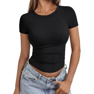 imageTrendy Queen Women Casual Short Sleeve T Shirts Summer Crewneck Raglan Tshirts Cute Tee Basic Crop TopsBlack
