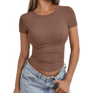imageTrendy Queen Women Casual Short Sleeve T Shirts Summer Crewneck Raglan Tshirts Cute Tee Basic Crop TopsCoffee