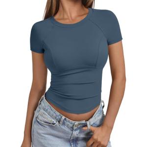 imageTrendy Queen Women Casual Short Sleeve T Shirts Summer Crewneck Raglan Tshirts Cute Tee Basic Crop TopsHaze Blue