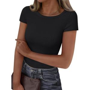 imageTrendy Queen Women Short Sleeve T Shirts 2025 Ribbed Summer Casual Basic Cute Tee Sexy Crop Tops Fitted ClothesBlack