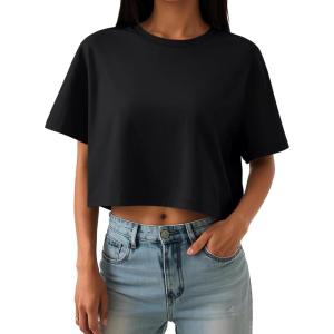 imageTrendy Queen Womens Crop Tops Oversized Workout Tshirts Short Sleeve Tees Summer Spring 2025 Casual Trendy Fashion ClothesBlack