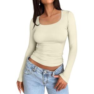 imageTrendy Queen Womens Long Sleeve Shirts Crop Tops Fall Fashion 2025 Square Neck Going Out Basics Tees Y2k ClothesApricot