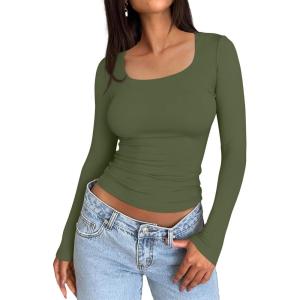 imageTrendy Queen Womens Long Sleeve Shirts Crop Tops Fall Fashion 2025 Square Neck Going Out Basics Tees Y2k ClothesArmy Green