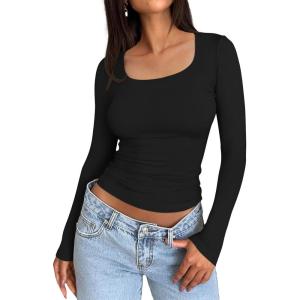 imageTrendy Queen Womens Long Sleeve Shirts Crop Tops Fall Fashion 2025 Square Neck Going Out Basics Tees Y2k ClothesBlack