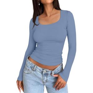 imageTrendy Queen Womens Long Sleeve Shirts Crop Tops Fall Fashion 2025 Square Neck Going Out Basics Tees Y2k ClothesBlue Gray