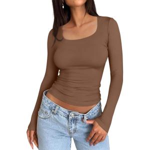 imageTrendy Queen Womens Long Sleeve Shirts Crop Tops Fall Fashion 2025 Square Neck Going Out Basics Tees Y2k ClothesBrown
