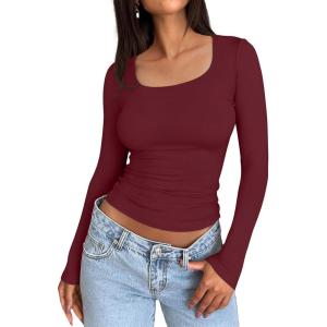 imageTrendy Queen Womens Long Sleeve Shirts Crop Tops Fall Fashion 2025 Square Neck Going Out Basics Tees Y2k ClothesBurgundy