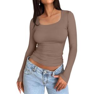 imageTrendy Queen Womens Long Sleeve Shirts Crop Tops Fall Fashion 2025 Square Neck Going Out Basics Tees Y2k ClothesCoffee Grey