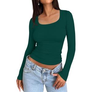 imageTrendy Queen Womens Long Sleeve Shirts Crop Tops Fall Fashion 2025 Square Neck Going Out Basics Tees Y2k ClothesDark Green