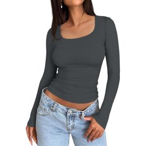 imageTrendy Queen Womens Long Sleeve Shirts Crop Tops Fall Fashion 2025 Square Neck Going Out Basics Tees Y2k ClothesGray