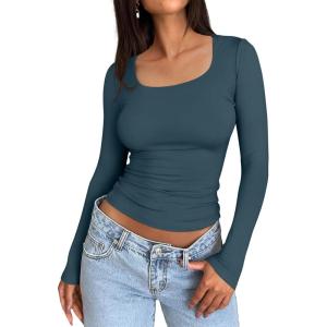 imageTrendy Queen Womens Long Sleeve Shirts Crop Tops Fall Fashion 2025 Square Neck Going Out Basics Tees Y2k ClothesHaze Blue