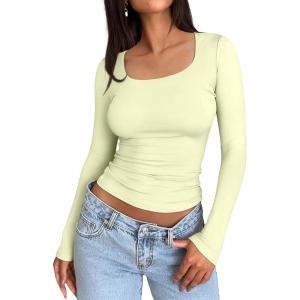 imageTrendy Queen Womens Long Sleeve Shirts Crop Tops Fall Fashion 2025 Square Neck Going Out Basics Tees Y2k ClothesLemon Yellow