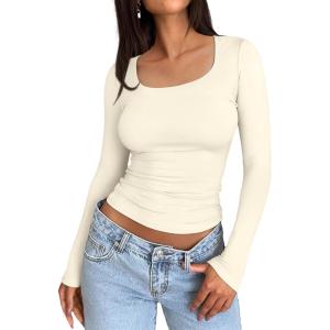 imageTrendy Queen Womens Long Sleeve Shirts Crop Tops Fall Fashion 2025 Square Neck Going Out Basics Tees Y2k ClothesLight Apricot