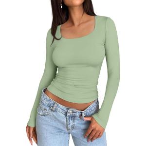 imageTrendy Queen Womens Long Sleeve Shirts Crop Tops Fall Fashion 2025 Square Neck Going Out Basics Tees Y2k ClothesLight Green