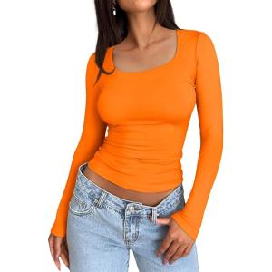 imageTrendy Queen Womens Long Sleeve Shirts Crop Tops Fall Fashion 2025 Square Neck Going Out Basics Tees Y2k ClothesOrange