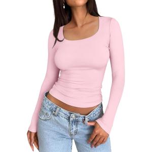 imageTrendy Queen Womens Long Sleeve Shirts Crop Tops Fall Fashion 2025 Square Neck Going Out Basics Tees Y2k ClothesPink