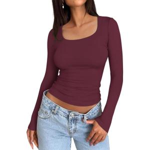 imageTrendy Queen Womens Long Sleeve Shirts Crop Tops Fall Fashion 2025 Square Neck Going Out Basics Tees Y2k ClothesWine Red