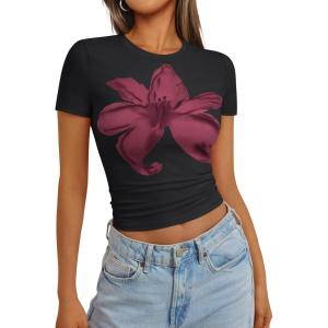 imageTrendy Queen Womens Short Sleeve Crop Tops Summer Spring T Shirts Basic Cute Casual Tees Graphic Trendy Fashion Clothes 2025Black