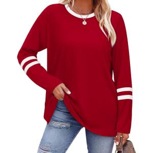 imageSAMPEEL Long Sleeve Shirts for Women Color Block Casual Tops Crew Neck Fall Basic Tees Fashion Clothes 202501 Red