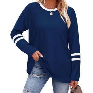 imageSAMPEEL Long Sleeve Shirts for Women Color Block Casual Tops Crew Neck Fall Basic Tees Fashion Clothes 202503 Navy Blue
