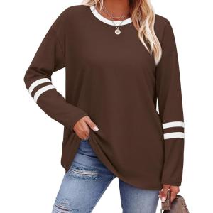 imageSAMPEEL Long Sleeve Shirts for Women Color Block Casual Tops Crew Neck Fall Basic Tees Fashion Clothes 202504 Brown