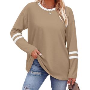 imageSAMPEEL Long Sleeve Shirts for Women Color Block Casual Tops Crew Neck Fall Basic Tees Fashion Clothes 202505 Khaki