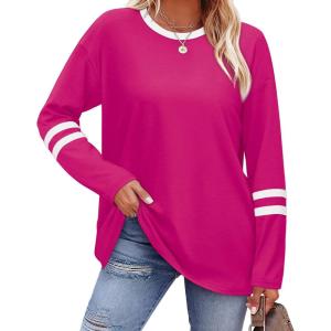 imageSAMPEEL Long Sleeve Shirts for Women Color Block Casual Tops Crew Neck Fall Basic Tees Fashion Clothes 202507 Hot Pink