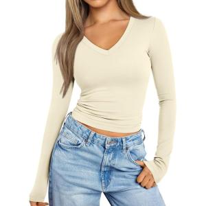 imageTrendy Queen Long Sleeve Shirts for Women 2025 Fall Fashion V Neck Basics Crop Tops Slim Fitted Y2K Tops Outfits ClothesApricot