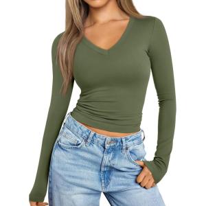 imageTrendy Queen Long Sleeve Shirts for Women 2025 Fall Fashion V Neck Basics Crop Tops Slim Fitted Y2K Tops Outfits ClothesArmy Green