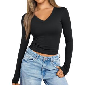 imageTrendy Queen Long Sleeve Shirts for Women 2025 Fall Fashion V Neck Basics Crop Tops Slim Fitted Y2K Tops Outfits ClothesBlack