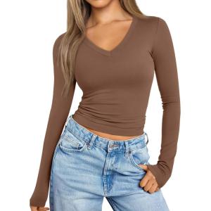 imageTrendy Queen Long Sleeve Shirts for Women 2025 Fall Fashion V Neck Basics Crop Tops Slim Fitted Y2K Tops Outfits ClothesBrown