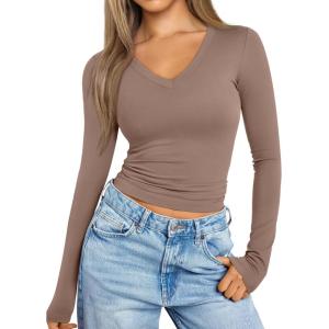 imageTrendy Queen Long Sleeve Shirts for Women 2025 Fall Fashion V Neck Basics Crop Tops Slim Fitted Y2K Tops Outfits ClothesCoffee Grey