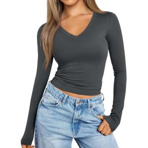 imageTrendy Queen Long Sleeve Shirts for Women 2025 Fall Fashion V Neck Basics Crop Tops Slim Fitted Y2K Tops Outfits ClothesGray