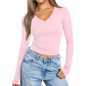 imageTrendy Queen Long Sleeve Shirts for Women 2025 Fall Fashion V Neck Basics Crop Tops Slim Fitted Y2K Tops Outfits ClothesPink