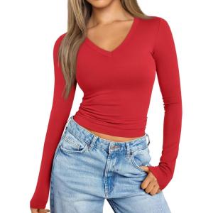 imageTrendy Queen Long Sleeve Shirts for Women 2025 Fall Fashion V Neck Basics Crop Tops Slim Fitted Y2K Tops Outfits ClothesRed