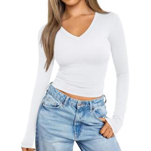 imageTrendy Queen Long Sleeve Shirts for Women 2025 Fall Fashion V Neck Basics Crop Tops Slim Fitted Y2K Tops Outfits ClothesWhite