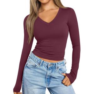 imageTrendy Queen Long Sleeve Shirts for Women 2025 Fall Fashion V Neck Basics Crop Tops Slim Fitted Y2K Tops Outfits ClothesWine Red