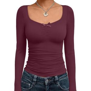 imageTrendy Queen Womens Long Sleeve Tops Going Out Top Trendy Cute Shirt Y2k Clothes Fashion Clothing Fall Outfits 2025Wine Red