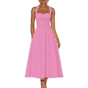 imageKaximil Womens Square Neck Corset A Line Maxi Dress Ruffle Ruched Waist Flowy Long DressesPink