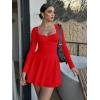 imageKaximil Womens Long Sleeve Square Neck Mini Dress Ruched Ruffle Corset A Line Party Short DressesRed