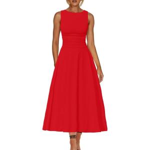 imageKaximil Womens Boat Neck Sleeveless A Line Maxi Dress Ruffle Flowy Casual Long DressesRed